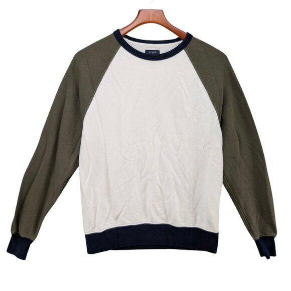 J.CREW Terry Crewneck Sweatshirt Mens Cream Green Raglan Contrast Pullover Sz M - Picture 1 of 7